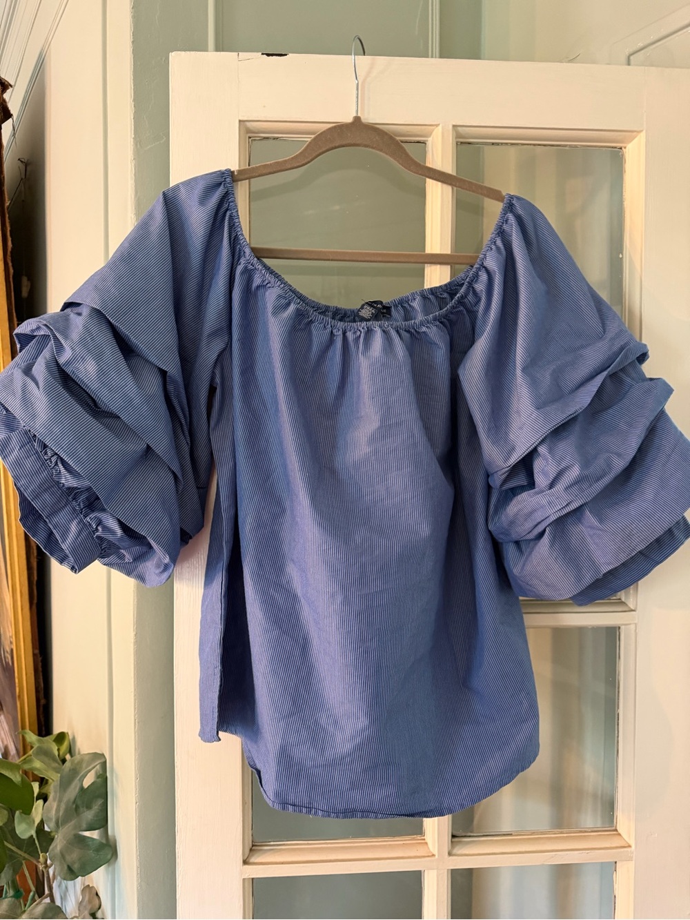 Saks Fifth Avenue Blue Pinstripe Puff-Sleeve Off-Shoulder Top